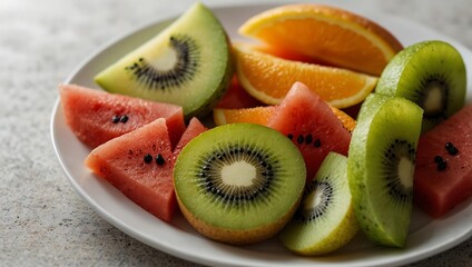 A white plate filled with colorful slices of kiwi, watermelon, and orange arranged artfully for a fresh fruit display.