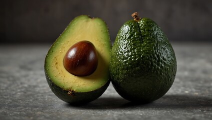 A halved avocado displays its creamy green flesh and a large brown pit, alongside a whole, textured green avocado.