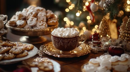 The table is set with a warm cup of cocoa and marshmallows, surrounded by holiday cookies and sparkling Christmas decorations