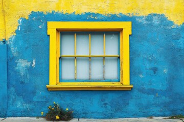 A vibrant blue and yellow wall featuring a window and small flowers below.