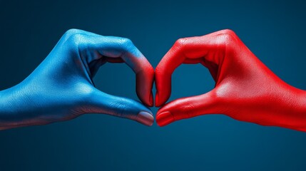 red and blue two hands making a heart with the fingers red and blue image