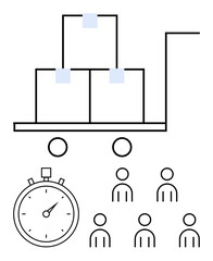 Hand truck with boxes, stopwatch, and five figures representing teamwork for efficient logistics and time management. Ideal for business, shipping, management, collaboration, productivity, time