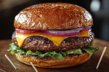 Juicy beef burger with melted cheese, red onion, and lettuce on a toasted bun. A delicious meal.