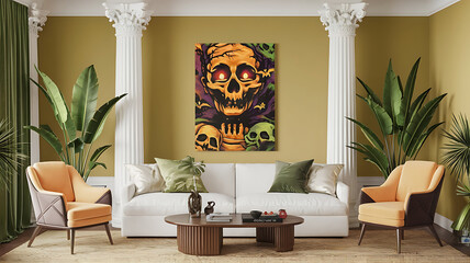 interior design mockup Luxury white interior with roman columns and green plants Spooky Season Deep orange black purple moss green Pop Art