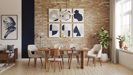 interior design mockup Retro minimalist dinning room interior with brick wall background in warm colors natural light Navy and White Deep navy white silver soft gray Survivor Art