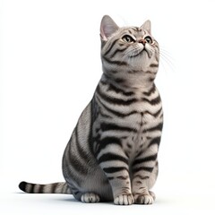 Fototapeta premium A 3D illustration of an American Shorthair cat sitting and looking content, featuring silver and brown hues, minimal design, isolated on white