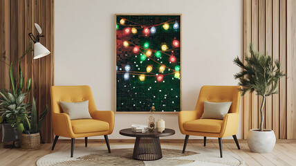 interior design mockup Two armchairs in room with white wall and big frame poster on it Scandinavian style interior design of modern living room Created with generative AI Festive Lights Bright red e