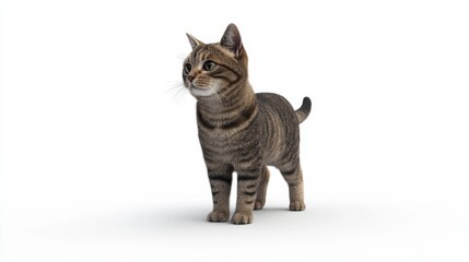Fototapeta premium A 3D illustration of an American Shorthair cat standing tall, fur tones of brown and black, ears tilted, isolated on a white background