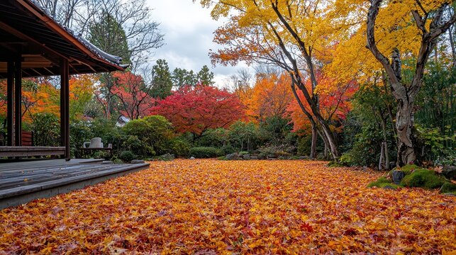 A serene autumn forest with trees ablaze in shades of red, orange, and yellow. Fallen leaves blanket the ground, creating a warm and colorful carpet. The setting feels nostalgic and inviting 