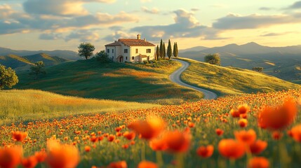 Naklejka premium amazing sunset among green spring hills in highland farm with house