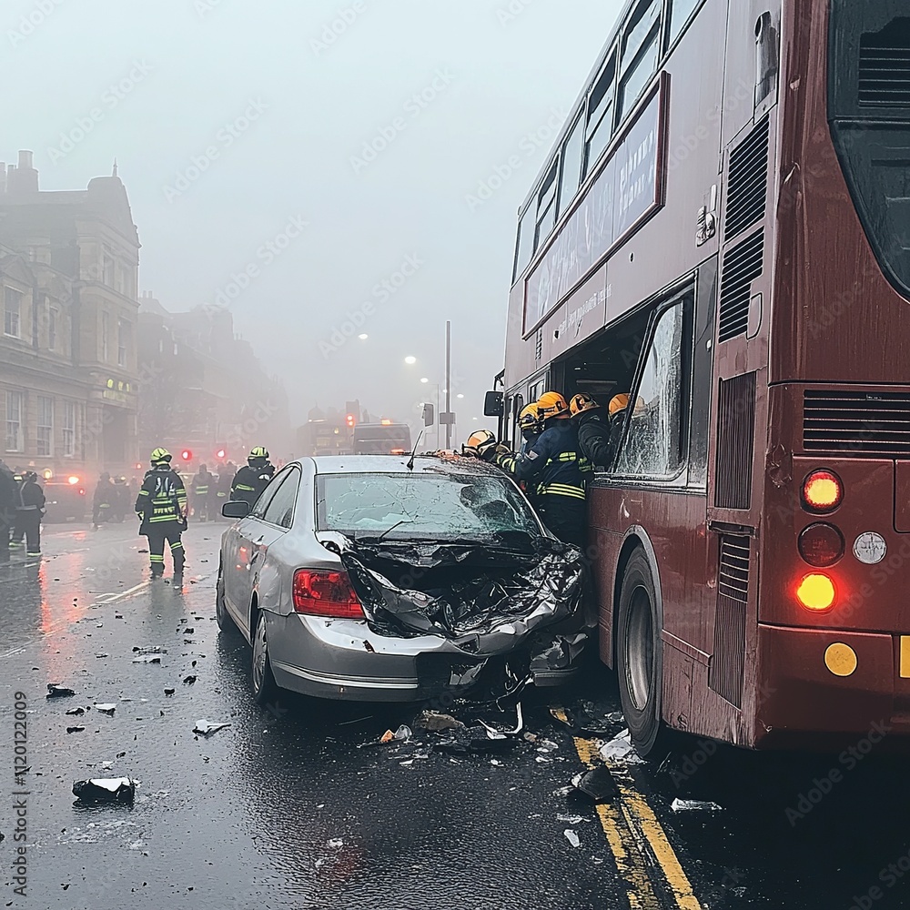 Poster a close-up photo capturing a crash involving a car and a bus. the image focuses on the damage and th