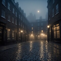 A cobblestone street in Victorian London, illuminated by gas lamps in the fog.
