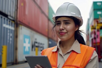 Latin female engineer in hard hat working in container terminal.