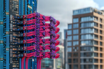 detailed close up of vibrant AI computational layers with colorful cables, showcasing advanced technology against modern urban backdrop