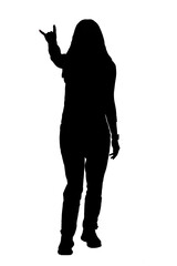 front view of asilhouette woman showing the horns sign with fingers looking at camera on white background