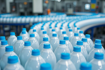 Fototapeta premium A production line with numerous clear plastic bottles capped with blue lids, moving along a conveyor belt in a factory setting.