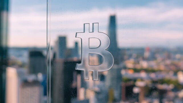Bitcoin symbol etched into a glass pane with a blurred cityscape in the background Photography copyspace
