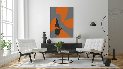 interior design mockup Minimalist home interior design of stylish living room featuring modern white chairs and an abstract orange painting Urban Gray Charcoal silver slate blue offwhite Silhouette A