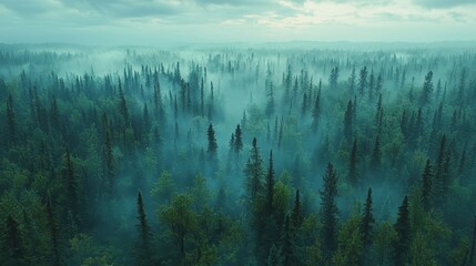 A vast coniferous forest stretching into the horizon, with layers of mist creating depth and mystery. The towering trees and stillness of the air evoke awe and grandeur. The scene feels expansive 