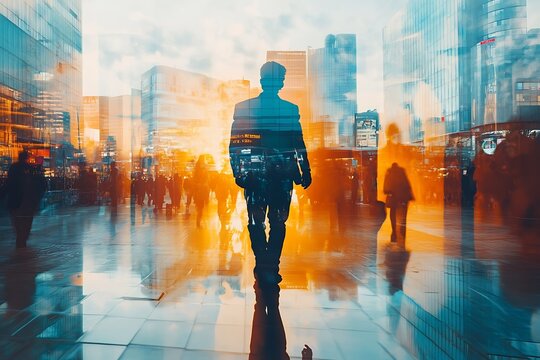 Confident Businessman Walking Among City Skyscrapers