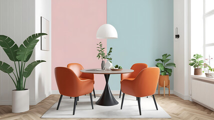 interior design mockup Orange leather chairs at round dining table against green wall Scandinavian midcentury home interior design of modern living room Spring Awakening Blush pink soft yellow mint s