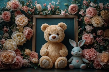 A cozy arrangement of a teddy bear and a bunny surrounded by beautiful flowers.