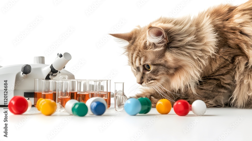 Poster cat examining colorful test tubes in lab setting at home science focus