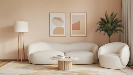 interior design mockup Minimalist japandi style interior design of modern living room Boucle sofa and accent armchair against beige wall with frame Gentle Sands Sand beige pale peach soft yellow whit