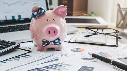 A cute piggy bank with a bowtie sitting on a desk filled with papers financial reports and pens Photography copyspace glossy effect