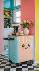 Cute Coffee Cart A coffee cart with a smiling face on the side placed in a brightly colored room Photography copyspace glossy effect