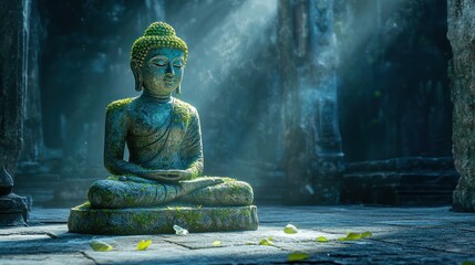 A serene Buddha statue sits in a temple, bathed in sunlight.
