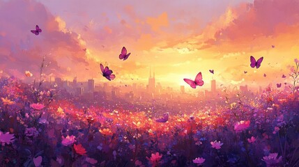 Fototapeta premium A field of colorful flowers with butterflies flying over a city skyline at sunset.