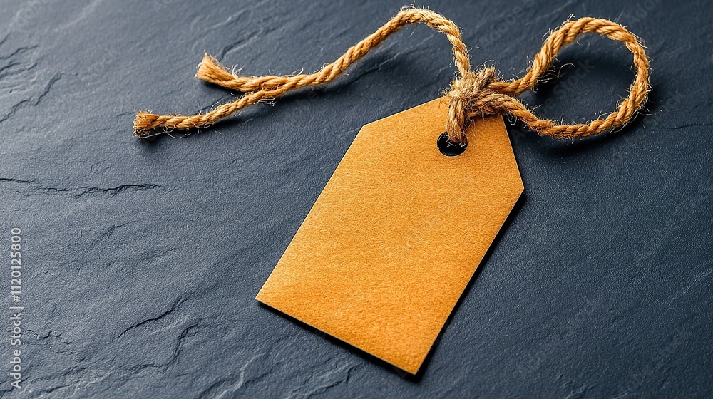 Aufkleber a blank yellow tag with a twine loop on a dark slate surface.