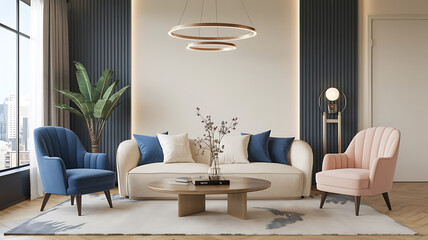 interior design mockup Japandi minimalist interior design of modern living room with blue and beige armchairs Champagne Elegance Champagne blush cream silver Illustrative Realism