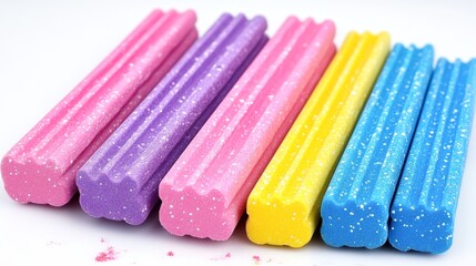 Vibrant colored chalk pieces in pink, purple, yellow, and blue arranged neatly, Ideal for educational materials, art projects, or children's activities