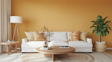 interior design mockup Round wood coffee table against white sofa Scandinavian home interior design of modern living room Harvest Glow Burnt orange golden yellow olive green taupe Concept Art