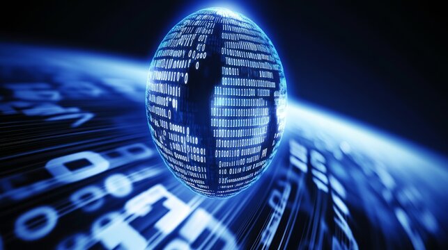 Glowing sphere with binary code on a digital background.