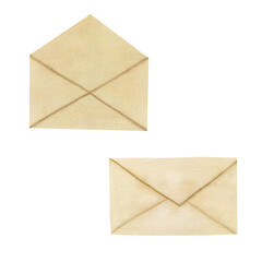 Set of opened and closed vintage old beige kraft paper envelopes on isolated background. Watercolor retro hand drawn illustration. Clipart for letters, messages, invitations, greeting cards. design.