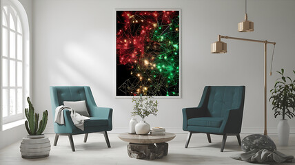 interior design mockup Two armchairs in room with white wall and big frame poster on it Scandinavian style interior design of modern living room Created with generative AI Festive Lights Bright red e