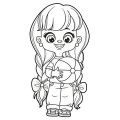 Cute cartoon long haired girl with big toy ball in hands outlined for coloring page on a white background