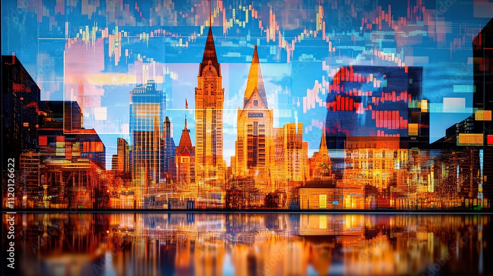 Poster a city skyline overlayed with financial graphs and data visualizations.
