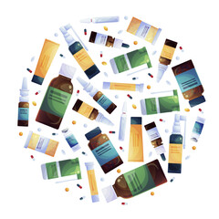 Various medicines in a round composition for a medical website, banner, flyer. Vector cartoon illustration