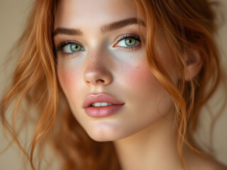 Fototapeta premium Portrait, Woman, Beauty, Eyes, Gaze, Serene, Graceful, Elegant, Radiant, Glowing, Natural, Soft, Gentle, Calm, Warm, Inviting, Alluring, Captivating, Charming, Lovely, Striking, Expressive, Delicate, 