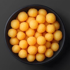 Bowl of round, yellow, crunchy snacks.