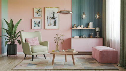 interior design mockup Interior with armchair and coffee tables 3d rendering Candy Crush Bubblegum pink mint lavender pastel yellow Steampunk