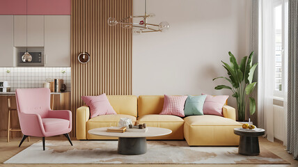 interior design mockup Interior design of modern apartment living room with sofa and armchair 3d rendering Candyland Bubblegum pink pale yellow aqua soft purple Tribal Patterns