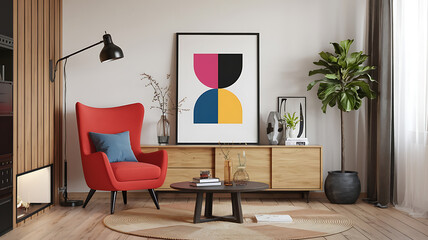 interior design mockup Scandinavian interior design of modern living room with accent red armchair and frame on wall Tech Brights Cyan magenta bright yellow jet black Art Brut Raw Art
