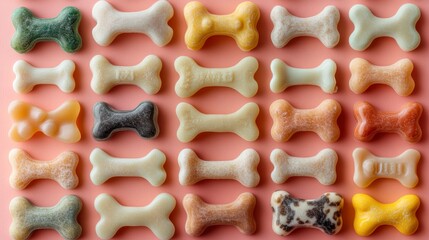 Colorful, assorted dog bones arranged in a grid on a light pink background, This image can be used for pet product marketing, veterinary services, or dog-related blog content,
