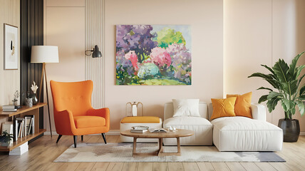 interior design mockup Minimalist interior design of modern living room Vibrant orange accent armchair near white sofa against wall with copy space Impressionist Garden Soft purple pink pale green su