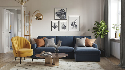 interior design mockup Cozy loveseat sofa near round accent coffee table Scandinavian home interior design of modern living room in farmhouse Midnight Gold Midnight blue gold charcoal white Fantasy C